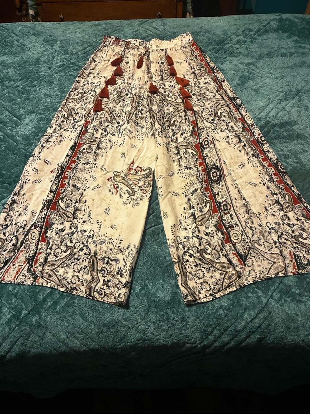 entro Cream Paisley Wide-Leg Palazzo Pants with Rust Tassels